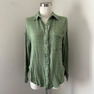 Free People Textured Button Up Shirt Long Sleeve Cotton Blend Breathable GreenXS